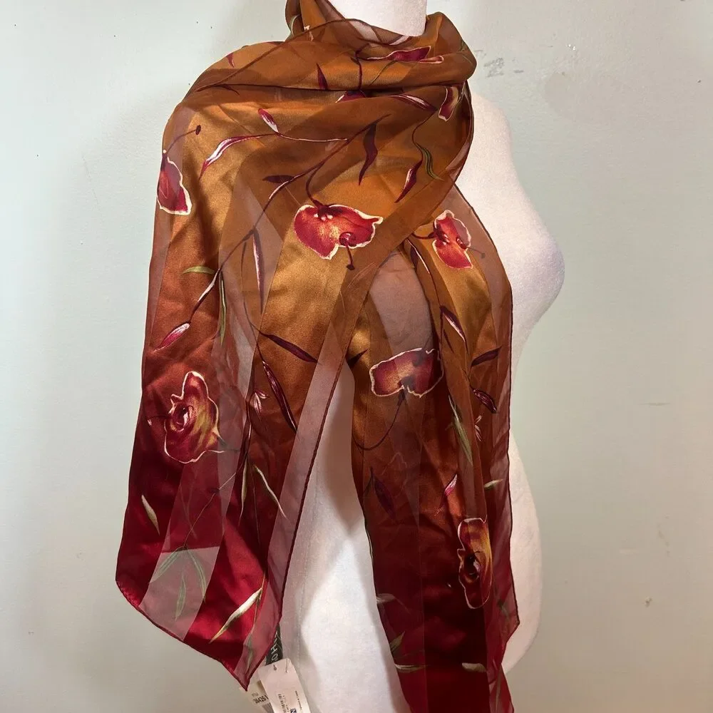 Echo 100% Silk Gold Red Ambre Floral Stripe Semi-Sheer Scarf 59x11 Artsy Preppy